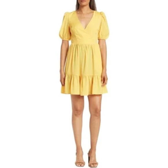 NWT Eliza J Surplice Neck Yellow Puff Sleeve Mini Dress Size 8 - Picture 1 of 9